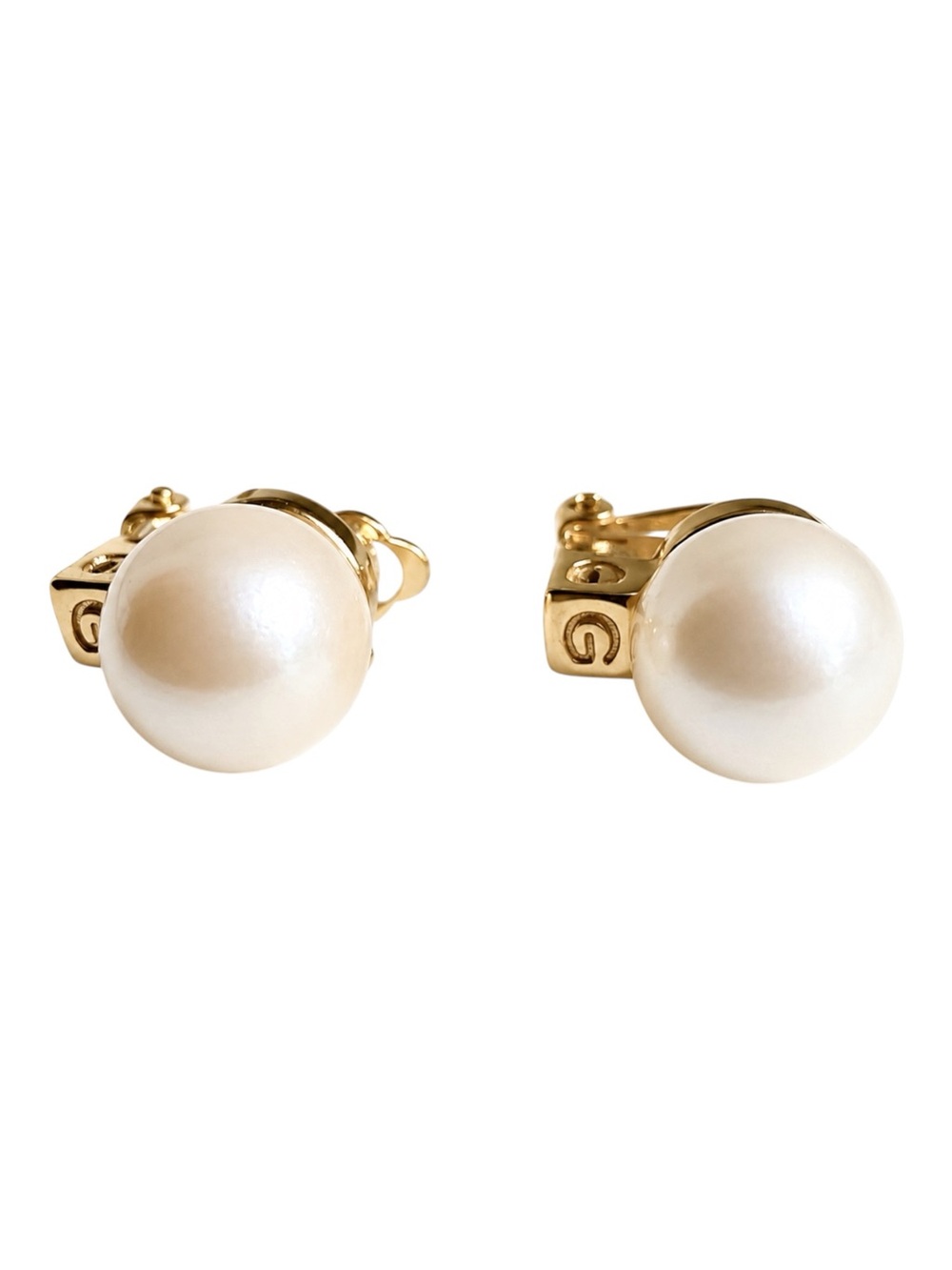 Vintage Givenchy Faux Pearl Gold Tone Clip-On Earrings Signed G Logo